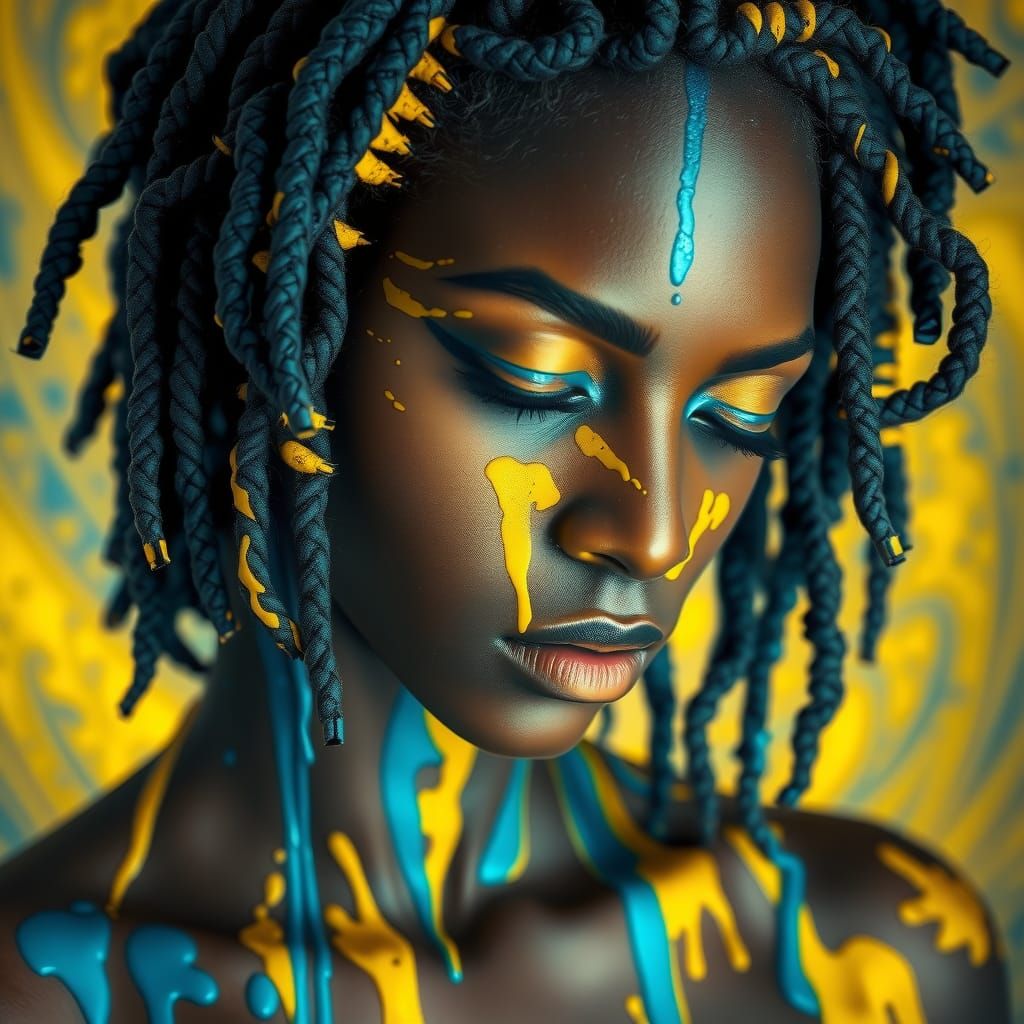 a striking portrait of a woman with dark skin, featuring an artistic and surreal style. Her hair is styled in dreadlocks...