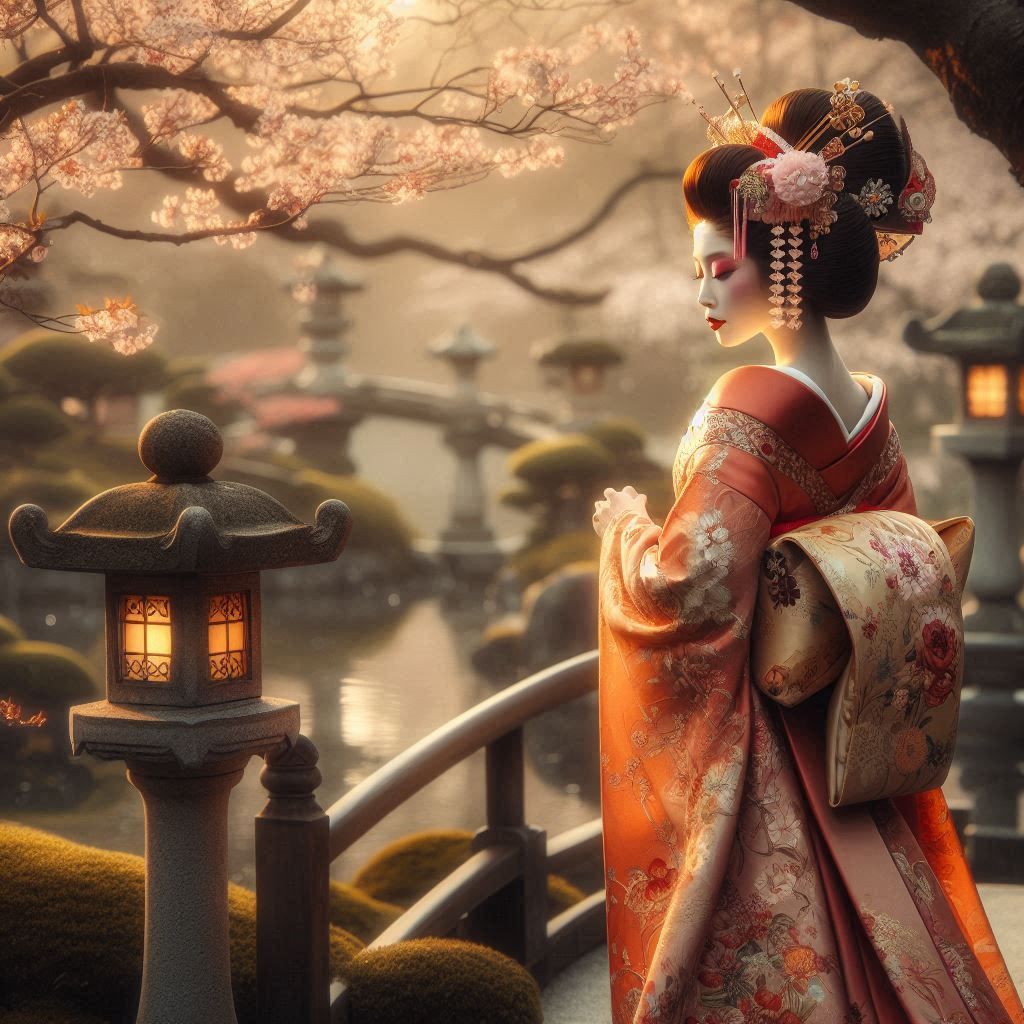 Graceful Geisha in an orange kimono
