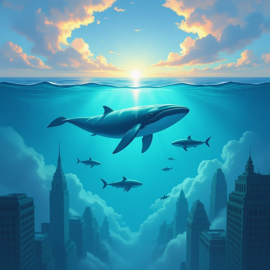 Surreal Ocean in Sky Above City with Whales