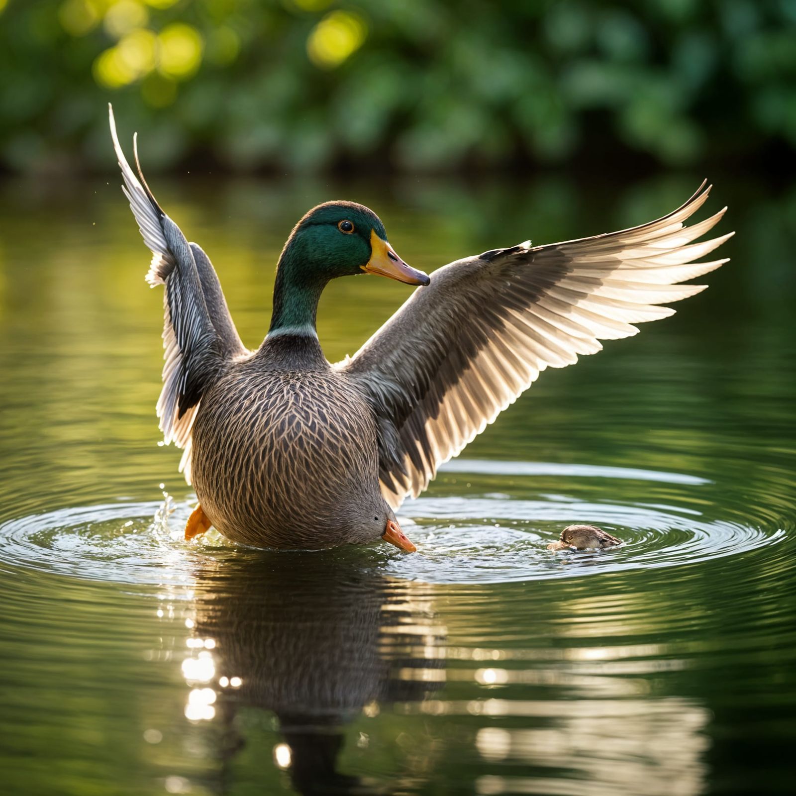 Serene Summer Duck Landing on Glassy Pond