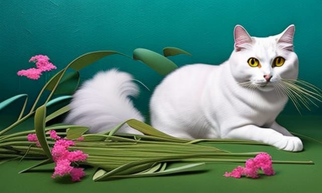 portrait of a white bold cat resting on flowers