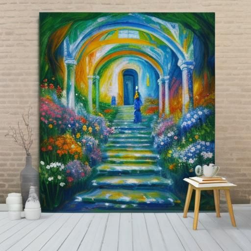 Neo-Impressionist Mural of Saint with Flowers