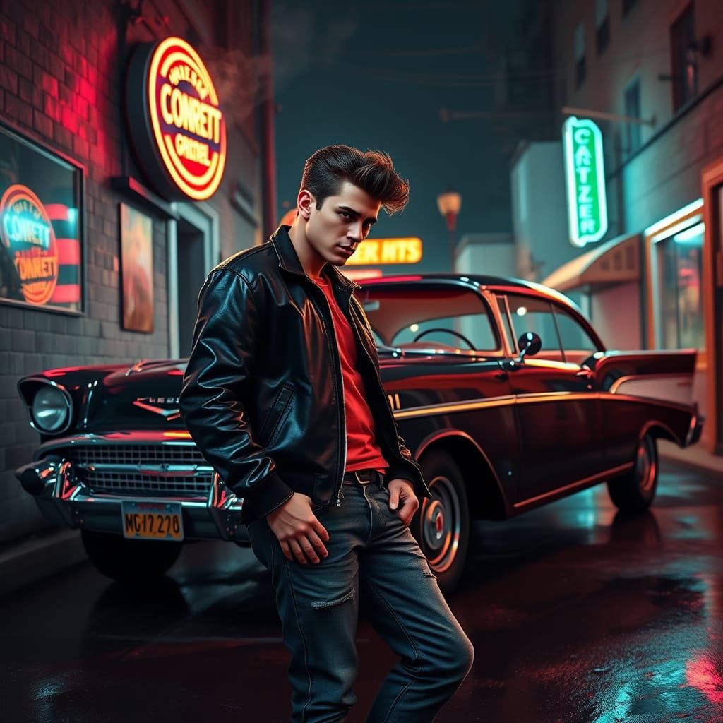 A greaser with slicked-back hair, wearing a black leather jacket and cuffed jeans, leans against a classic ...  by @Hani1