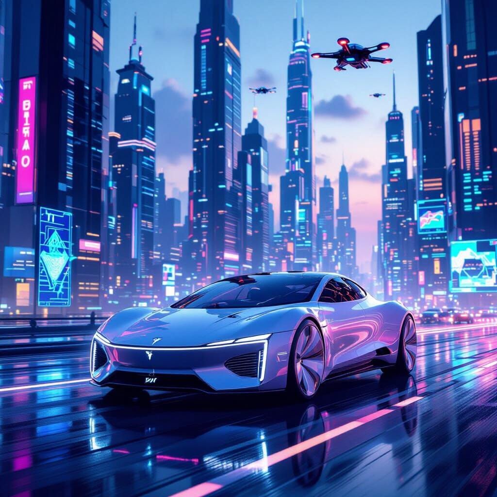 Futuristic Autonomous Car in a Neon-Lit Future City