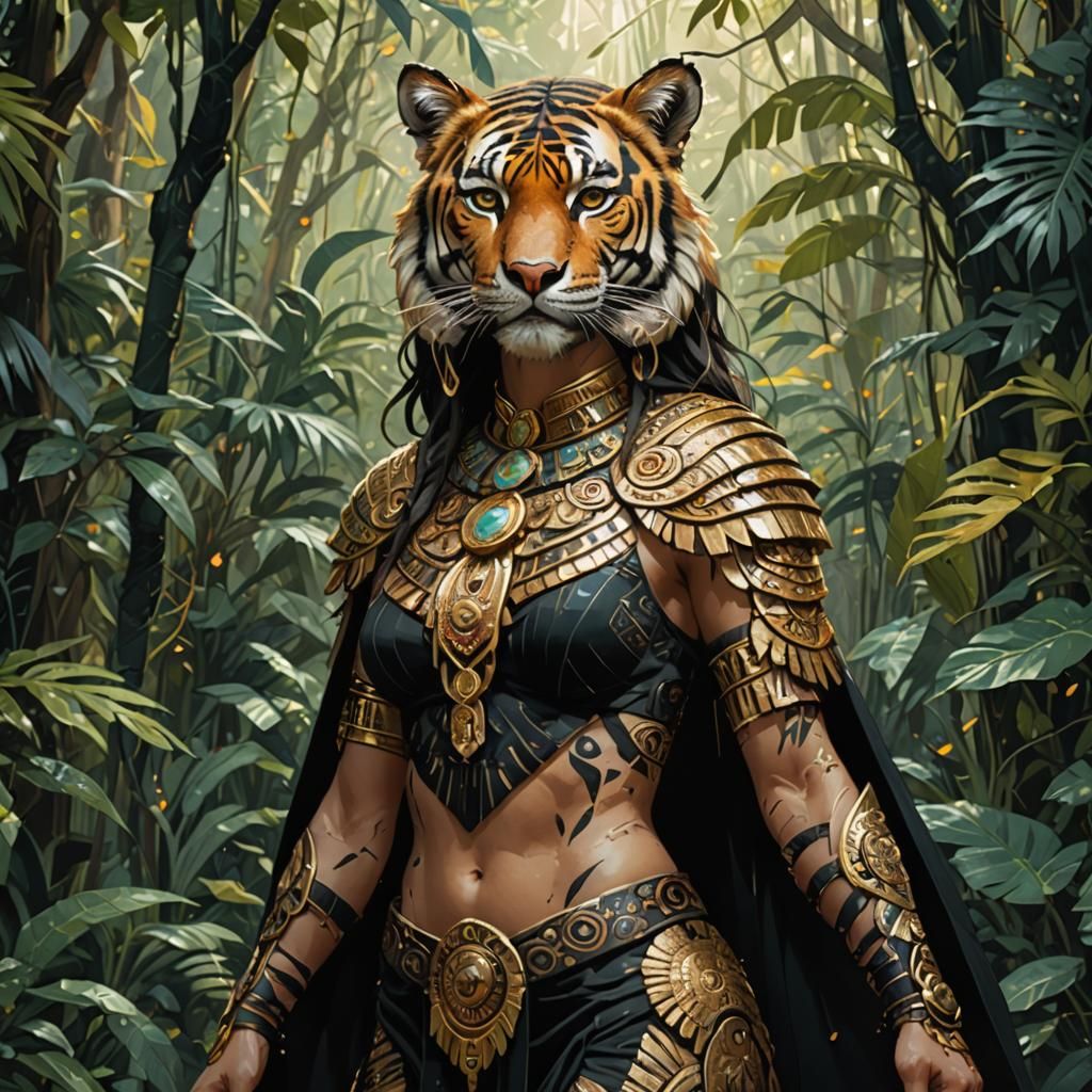 female aztec warrior tiger, standing in the jungle, wearing a black cape, golden outlines, highly detailed, intricate motifs, organic tracer...