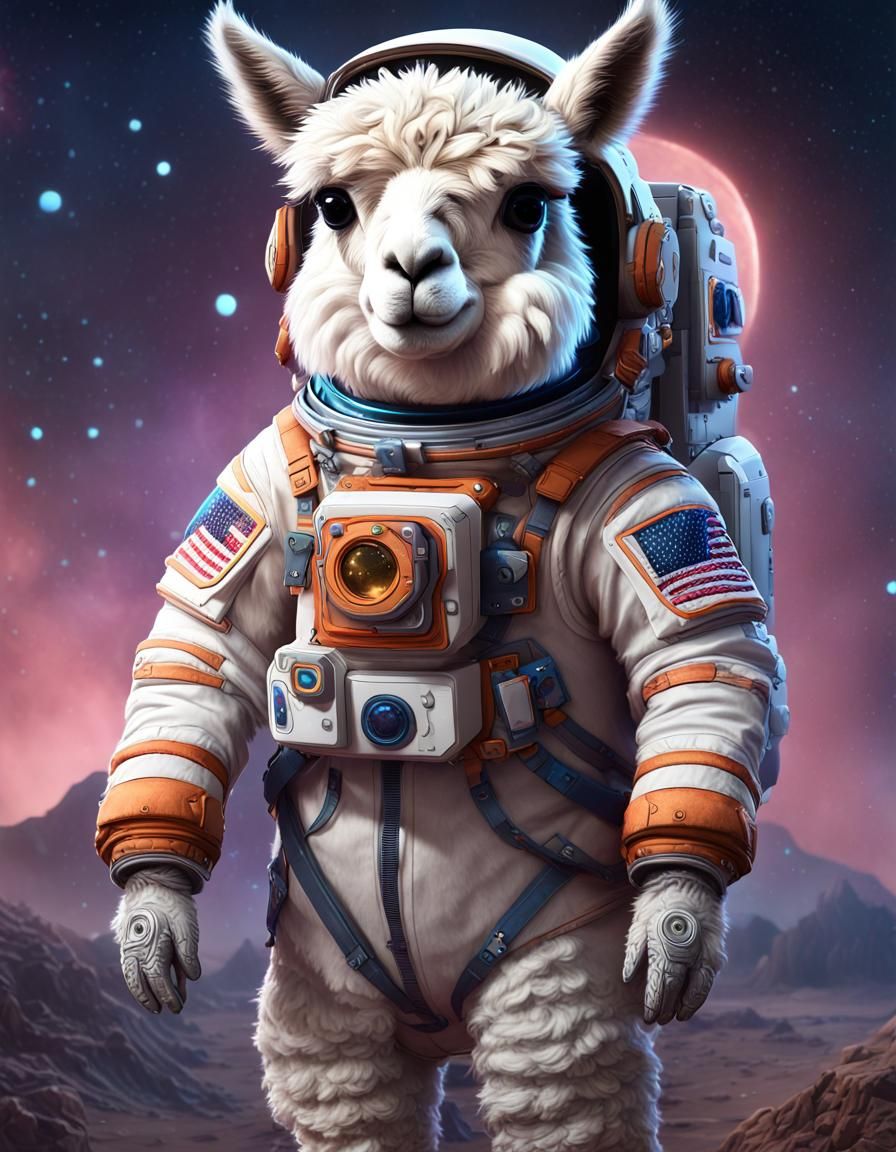 Cute alpaca, hyperdetailed astronaut costume, epic, badass, ...