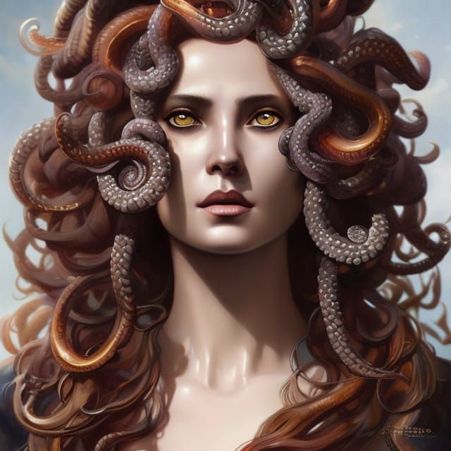 furious eyes wide open beauty Medusa, Hair made in open mouths Snakes ...