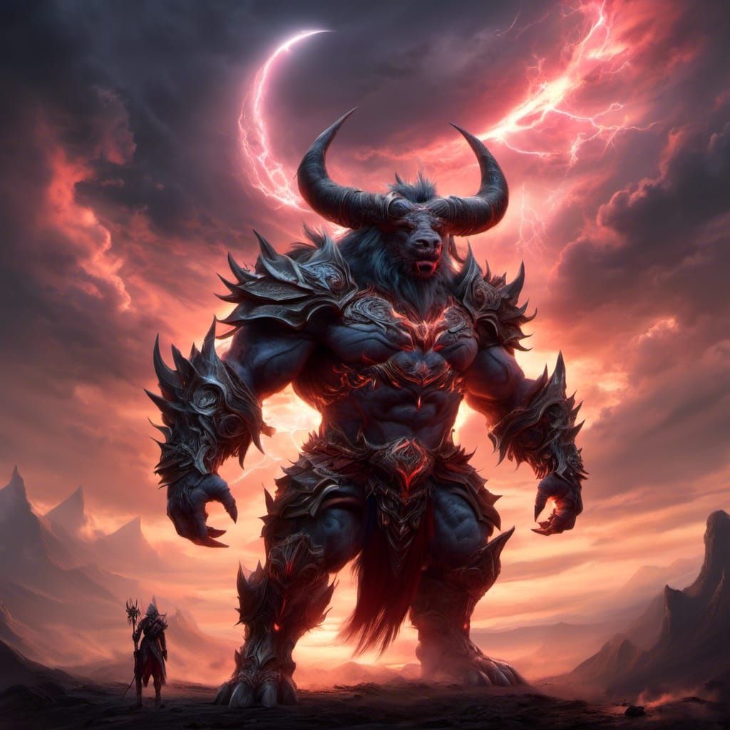 <lora:SdxlCLOUDS:1.0> <lora:FF-Godz:1.0> Humanoid rhino god, electricty crackling, sunset.blood moon insane detail Boss monster Hd photograp...