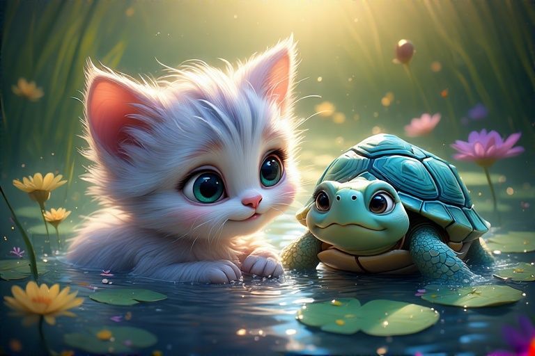 Kitten and Turtle Playing in the Water #2
