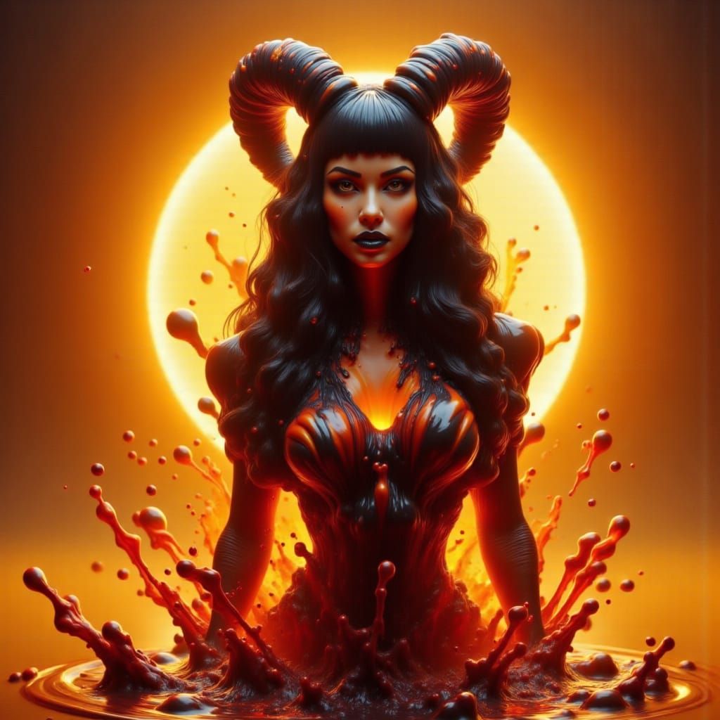 <lora:Viscose Fluidity:1.50> female tiefling, bathed in a warm, golden glow reminiscent of a sunset over a mystical realm. Her physique, hon...