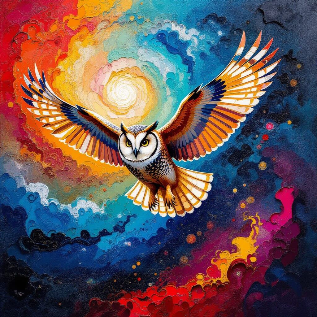 3D effect impasto, primative, sureal bold strokes,  thick 3D layers of textured paint, impasto, beautiful, owl flying in nebula and cosmic d...