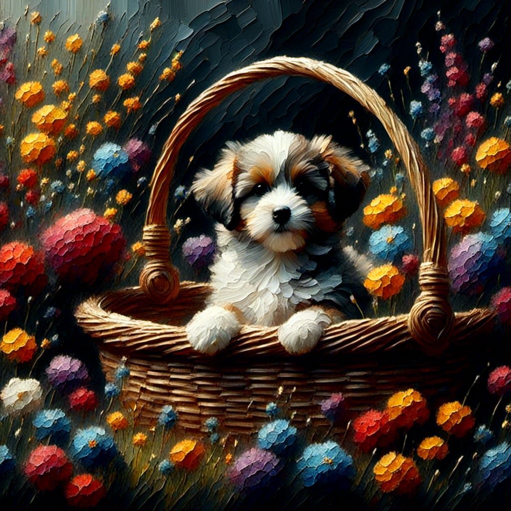 <lora:Chiaroscuro:1.0>Cute puppy in a basket amidst a lush garden with colorful flowers.