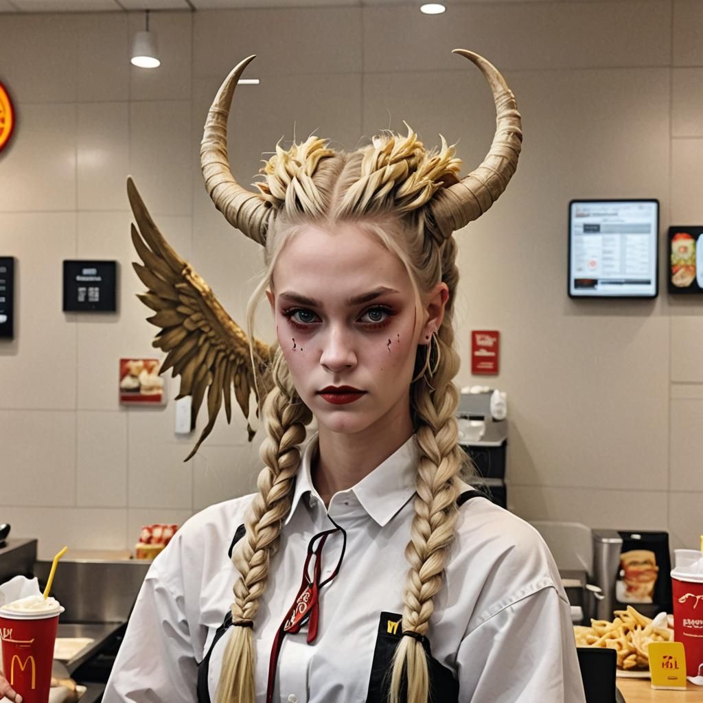 Demon long blonde braids horns wings
Working at McDonald's