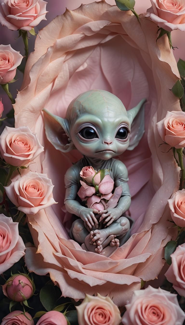 Adorable baby Alien female with pointed ears nestling inside...
