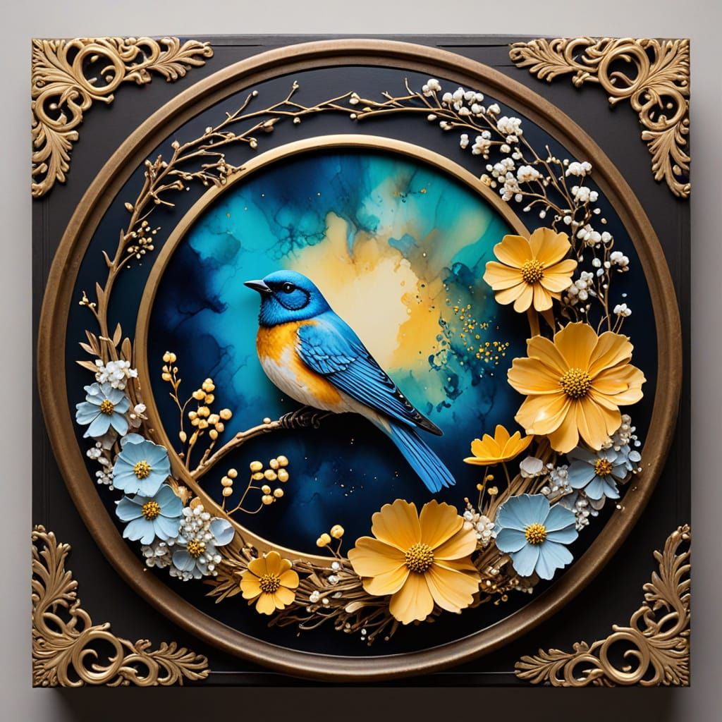  Alcohol ink art. Circular design of clouds, yellow cosmos flowers, baby's breath, and a tree with a blue   bird. Surrounded by a gold frame...