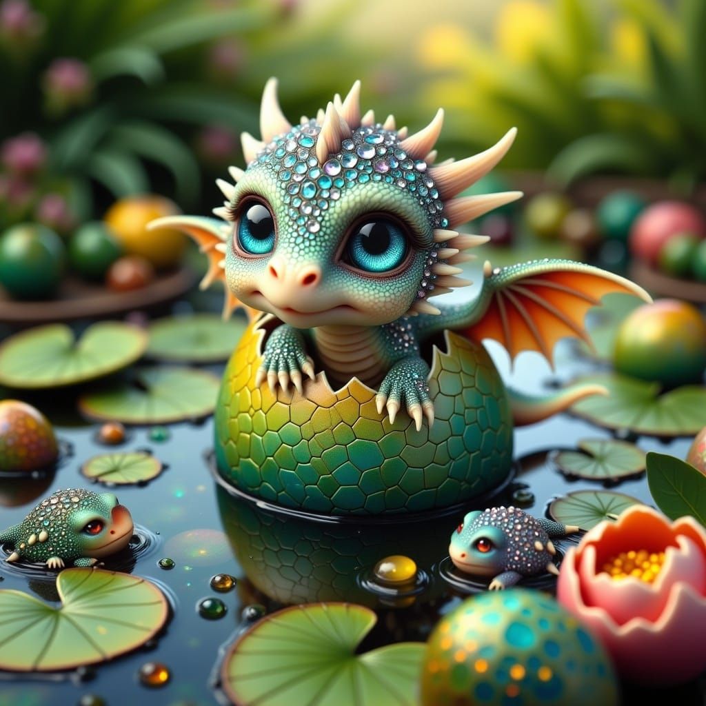<lora:Flux Real BabyDragon:1.0> Realistic baby dragon swimming in a frog pond, frogs, lilypads, sunny day 