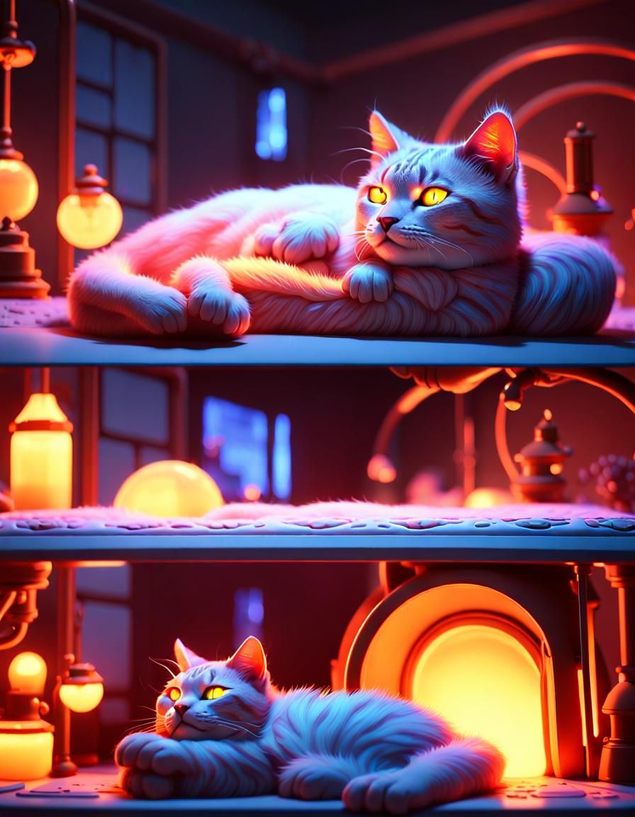 Cat, lounging on a soft fluorescent bed with a stove, eyes c...