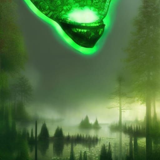 Deadly green gas as a fog that is over a lake in the forest,...