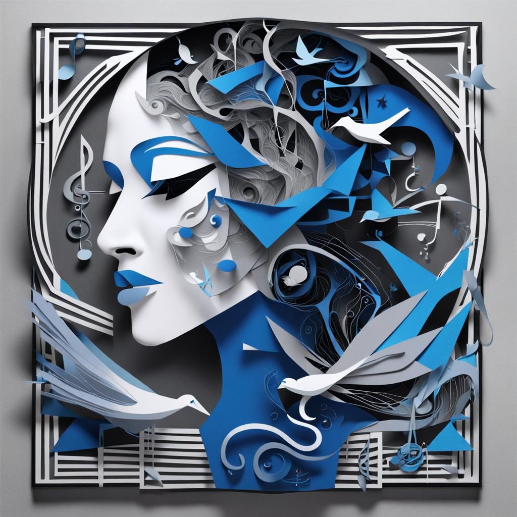 A surreal and geometric artwork featuring an elegant woman's...