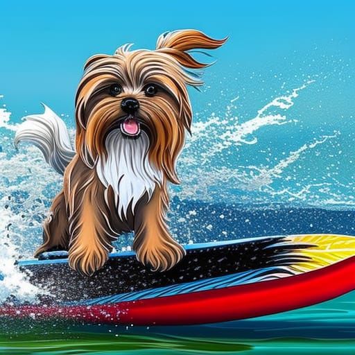 Shih Tzu dog catching a big wave on a surfboard