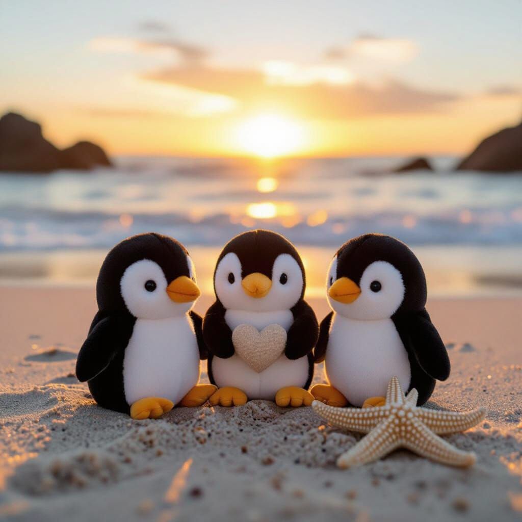Plush Penguins on a Golden Sunset Beach