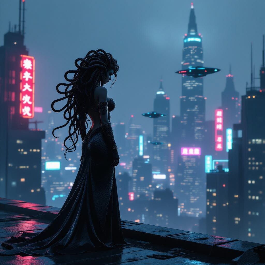 An eerily beautiful medusa stands on a rooftop overlooking a sprawling cyberpunk metropolis at night. Neon signs cast long shadows, and flyi...