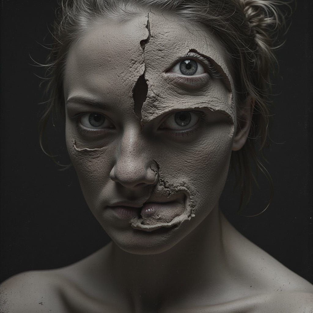 <lora:Origin og Asymmetry:1.0> The asymmetrical face is sewn from pieces of skin taken from the chest of women.