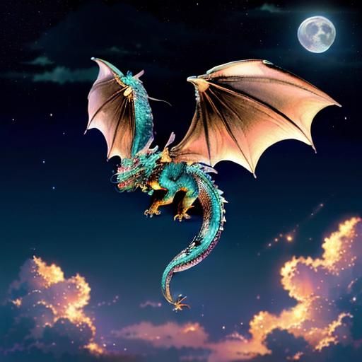 (anime Dragon flying:2) in the air under (starry night sky:1...