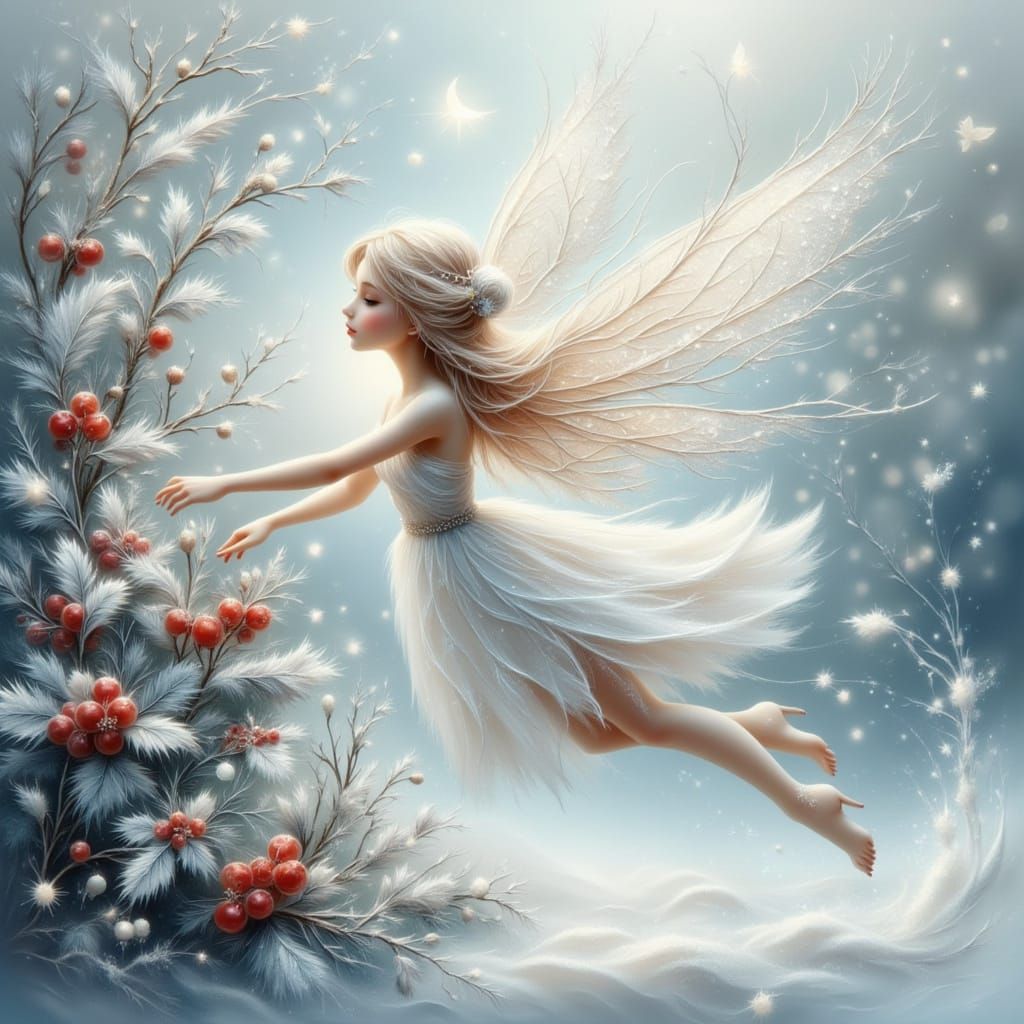 <lora:Soft Winter:1.0> <lora:Frosty flux:1.0> <lora:Moonchild:1.0> <lora:Fairy Lights:1.0> anime fairy with white gossamer wings with icy sp...