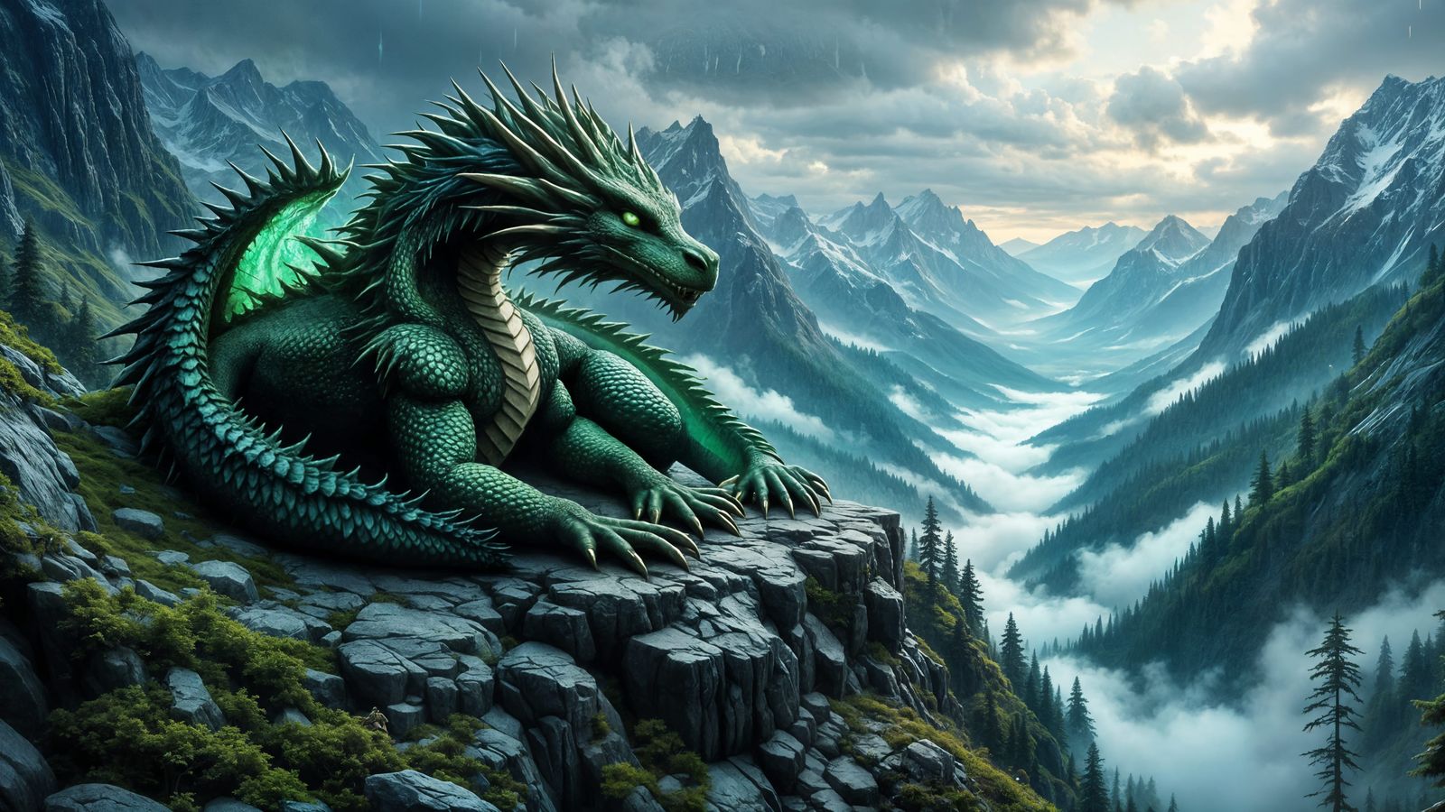 Ancient Moss Dragon on Mountain Peak in Gentle Rain