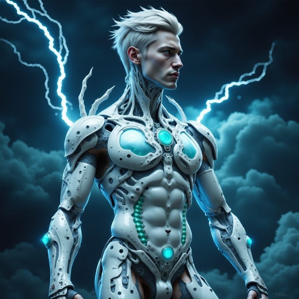 Very handsome young looking male Adonis god with piercing glowing blue eyes and glowing smooth pale skin, roman, short sleek gray hair muscl...