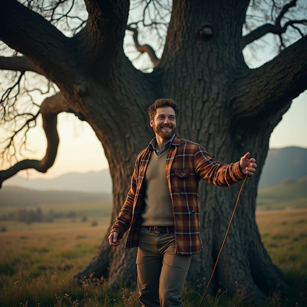 Man Sways Majestic Tree in Hyperrealistic Cinematic Style