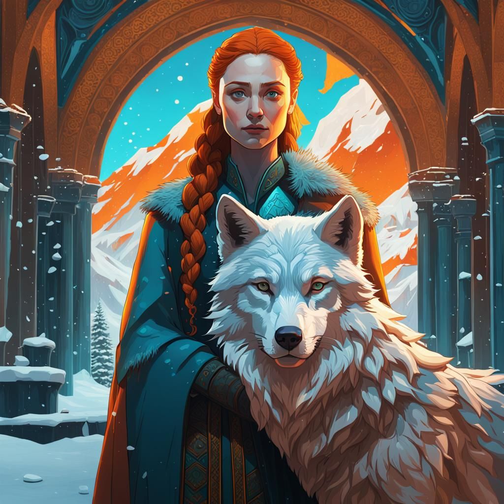 Sansa stark with her wolf 8k resolution concept art by Greg Rutkowski ...