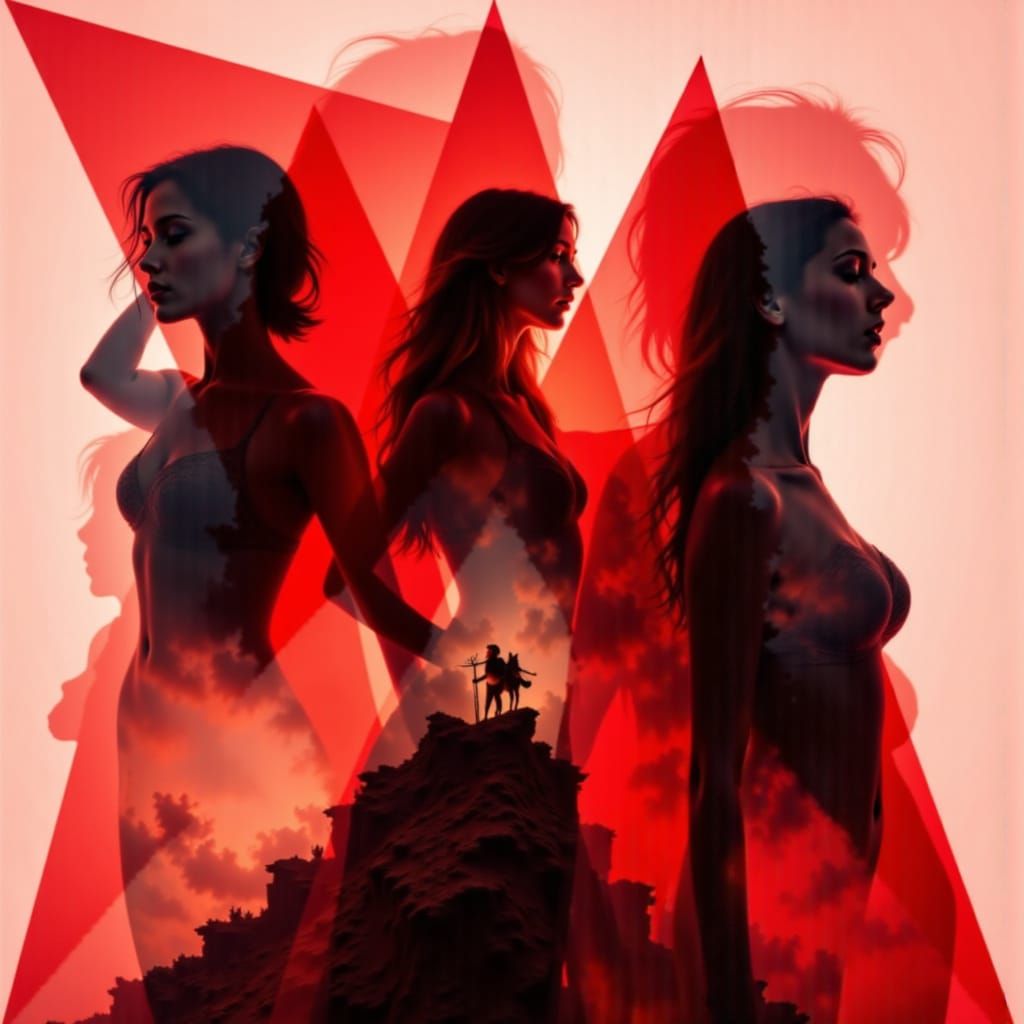 <lora:The DeXp of Red:1.0> <lora:Feeling Exposed:1.0>triangles in a DEXP double exposure merged silhouettes transparent overlay seamless ble...