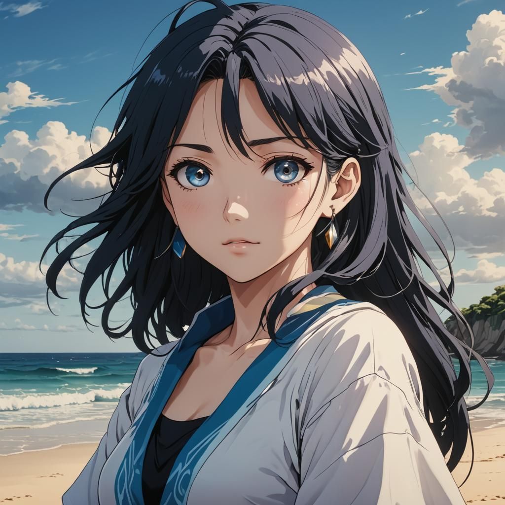 Garota de anime loira dos olhos azuis na praia só de maiô preto - AI  Generated Artwork - NightCafe Creator