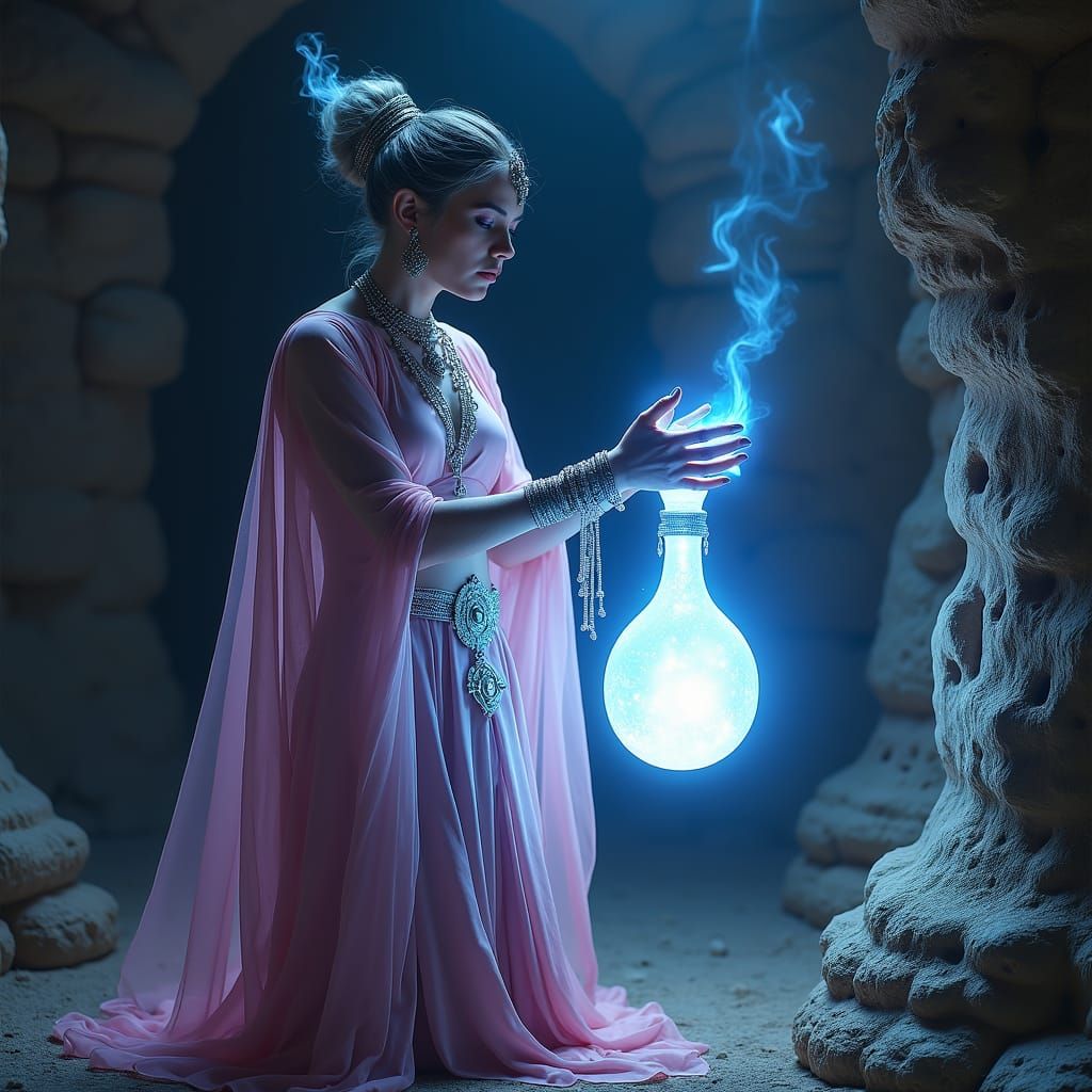A DnD-style image of a female genie warlock, emerging gracef...