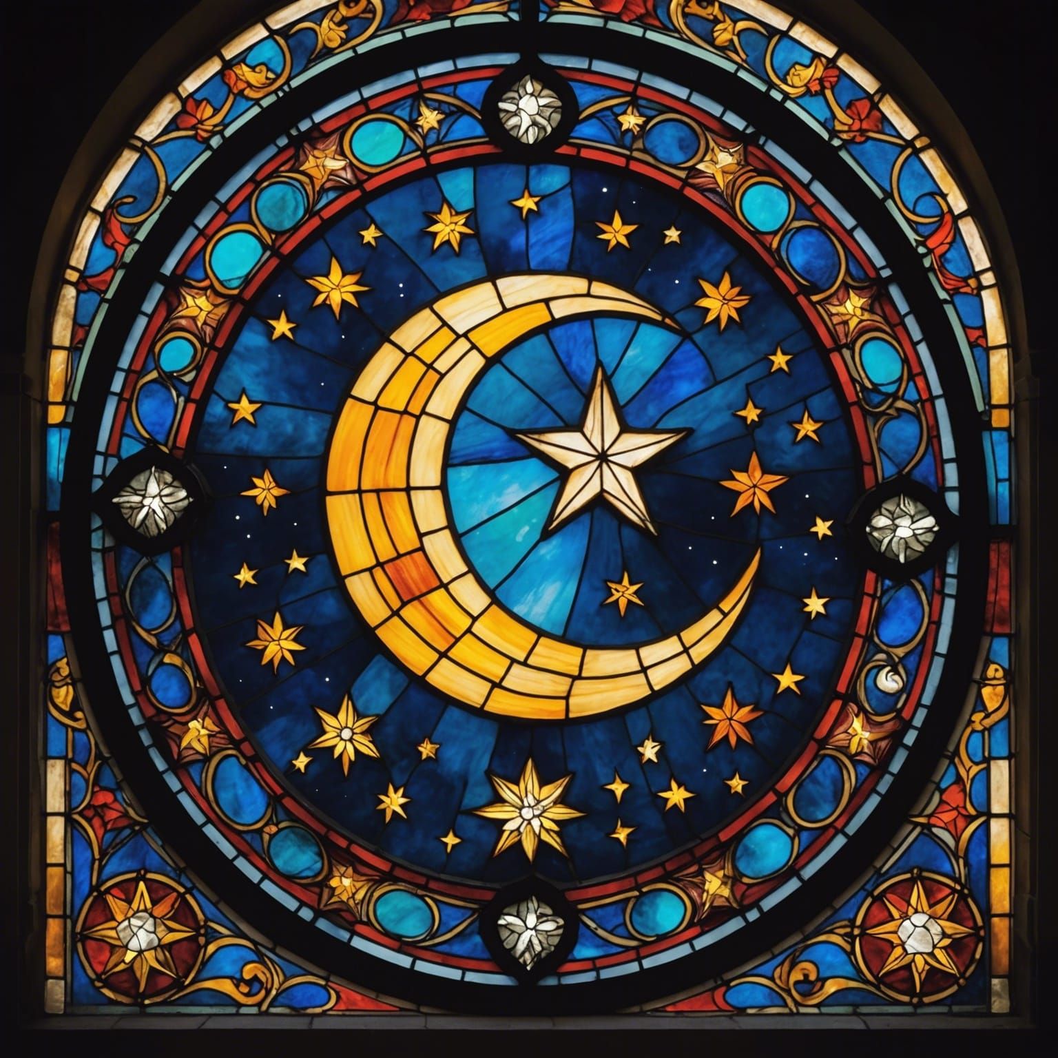 A stained glass window showing a crescent moon surrounded by stars  by @Gary
