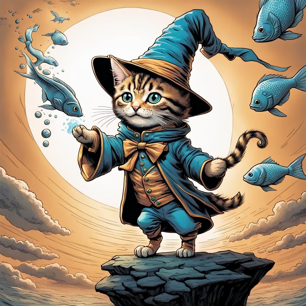 Style of Tenniel, a drawing of a tabby kitten dressed as a w...
