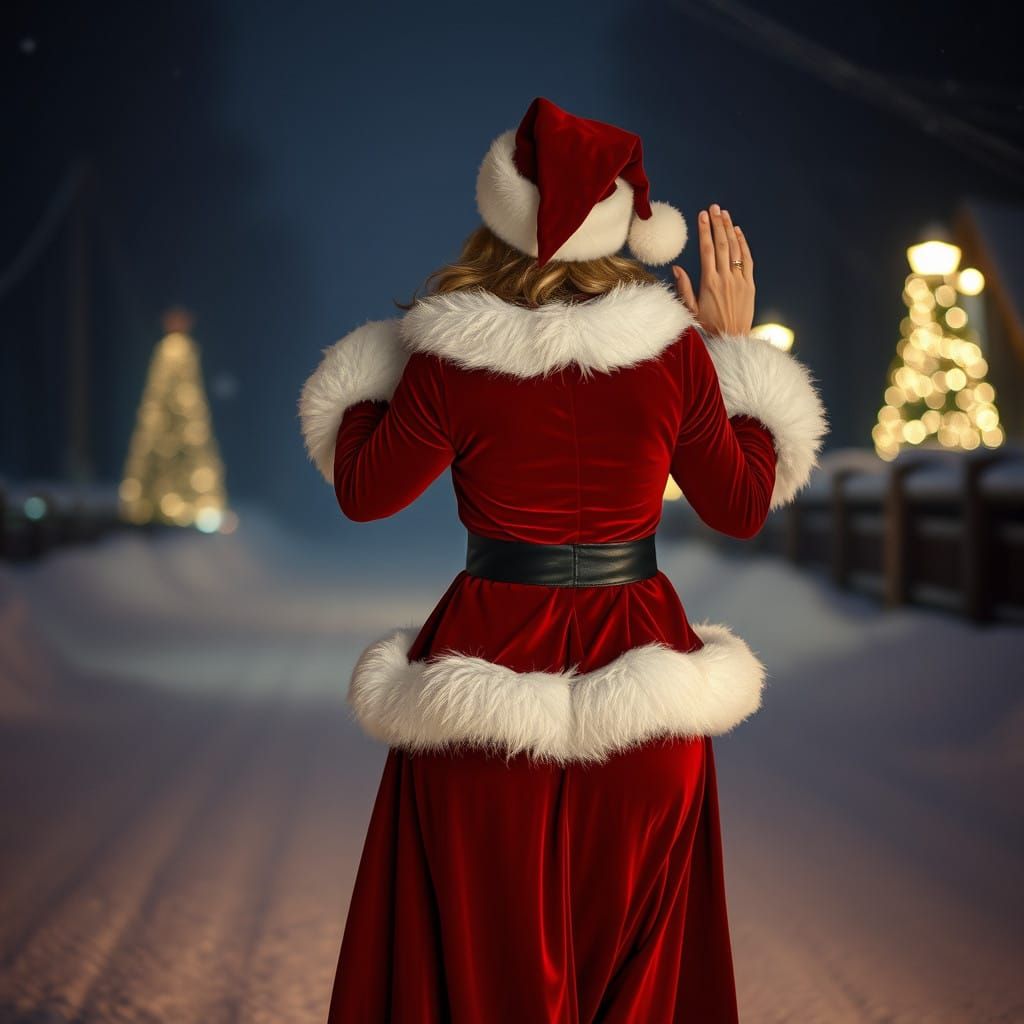 Hyperrealistic Mrs Claus in Red Velvet Xmas Dress Walking Aw...