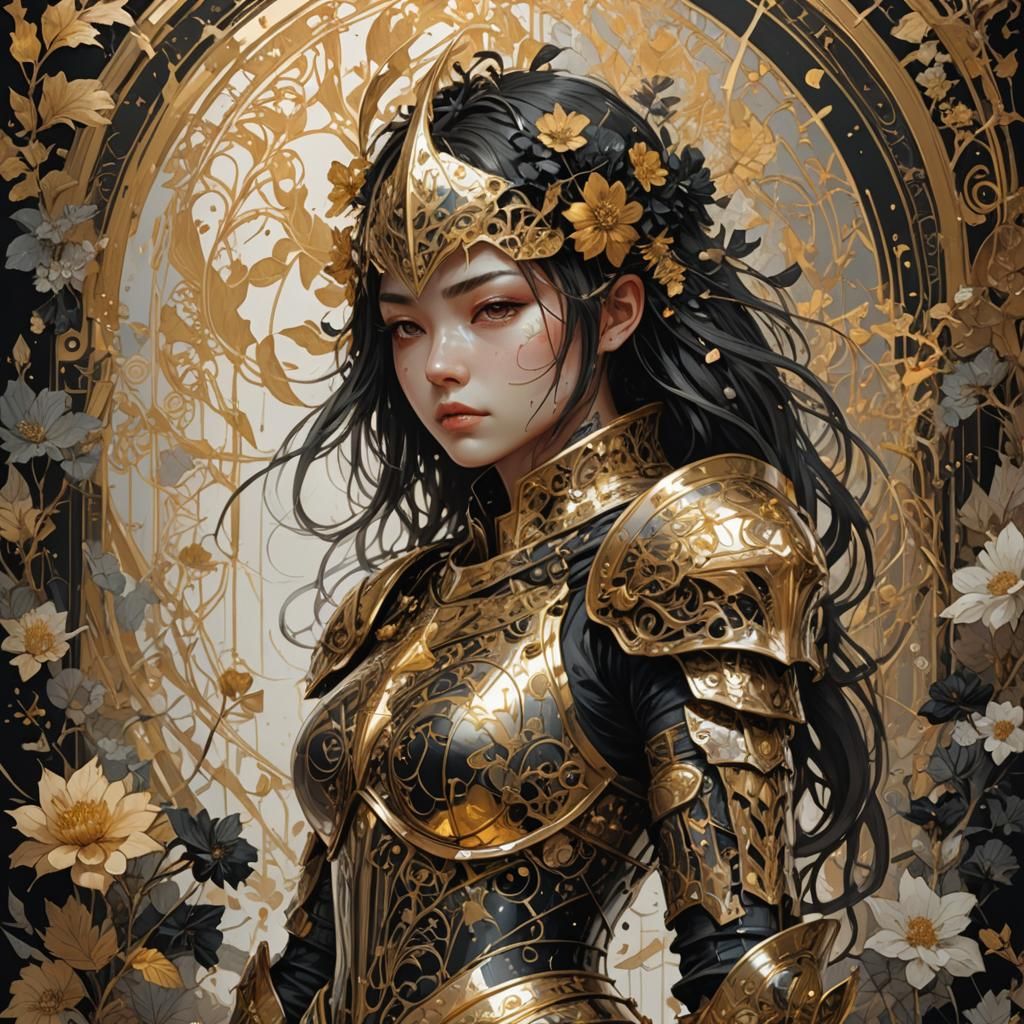 Gold Anime Knight with Silver Armor and Black Flowers
