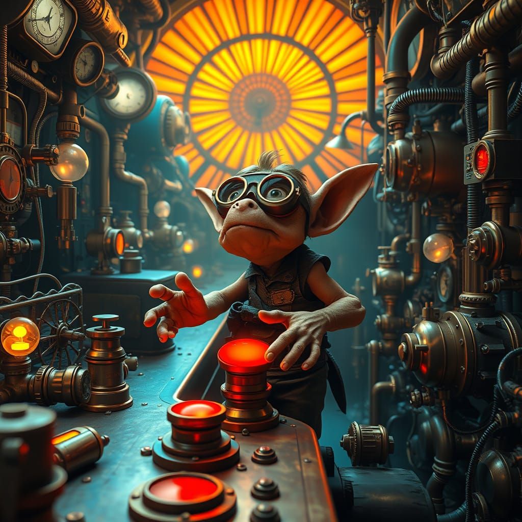steampunk vicinity overstucked with gadgets and a goblin engineer pressing the red alert button  by @aradama
