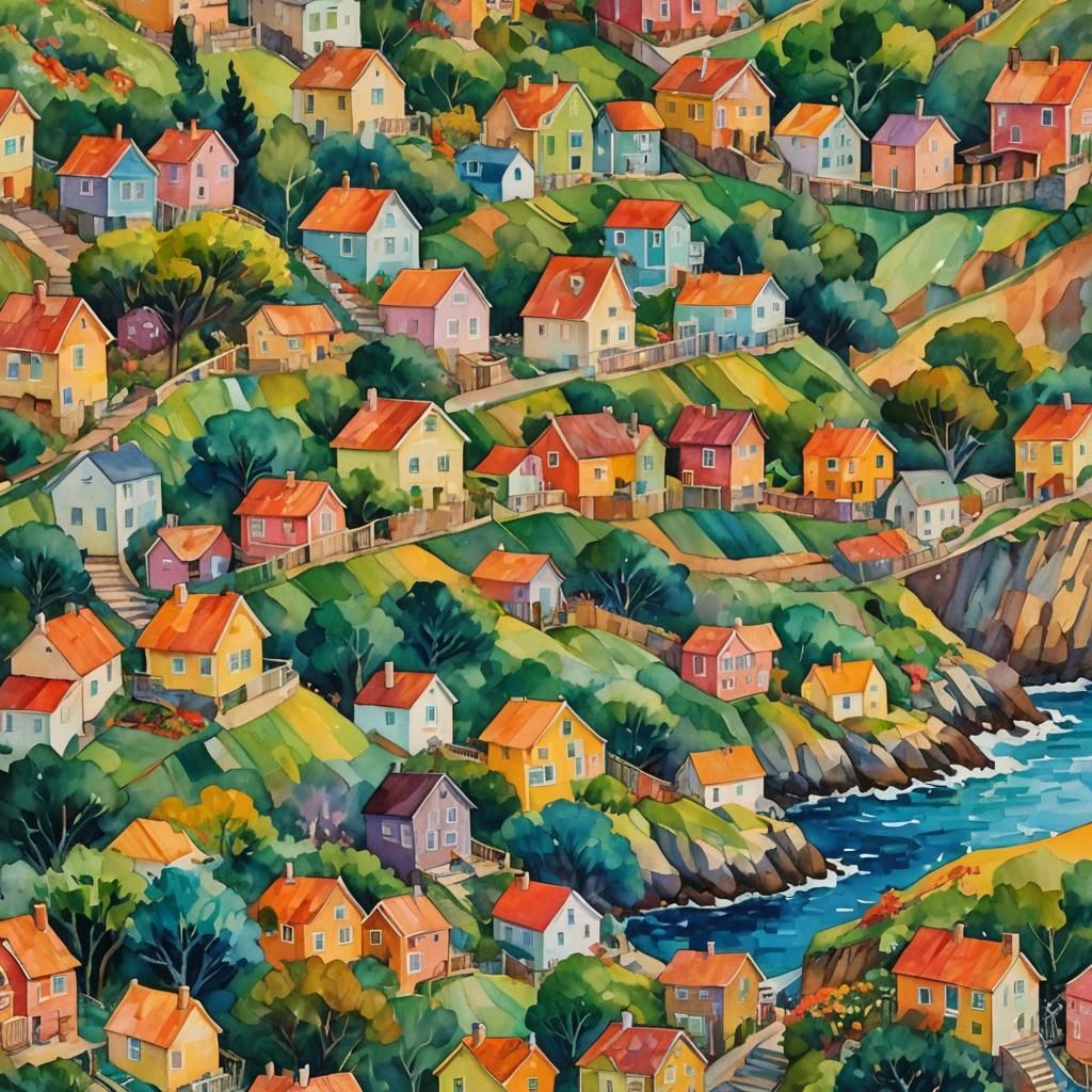patchwork of tiny colorful houses on a steep rocky  hillside...