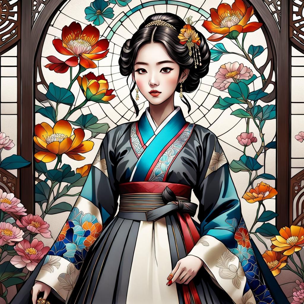 (7) Korean woman wearing traditional queen hanbok, and floral-designed stained glass .(7)  by @undefined