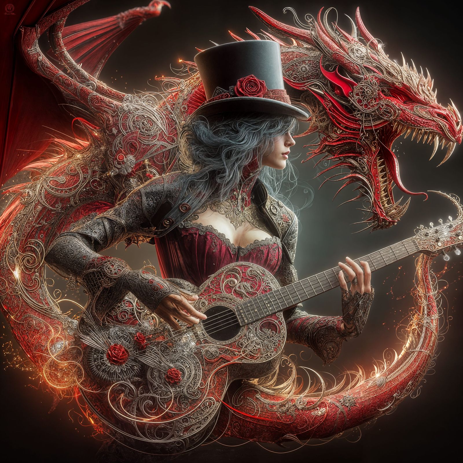 Steampunk lady & Crimson Dragon Guitar by DALL-E 3