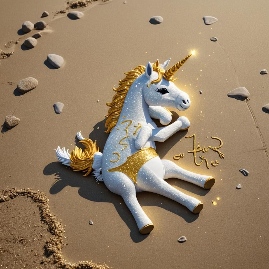"Hyperrealistic digital artwork of a cute glowing unicorn do...