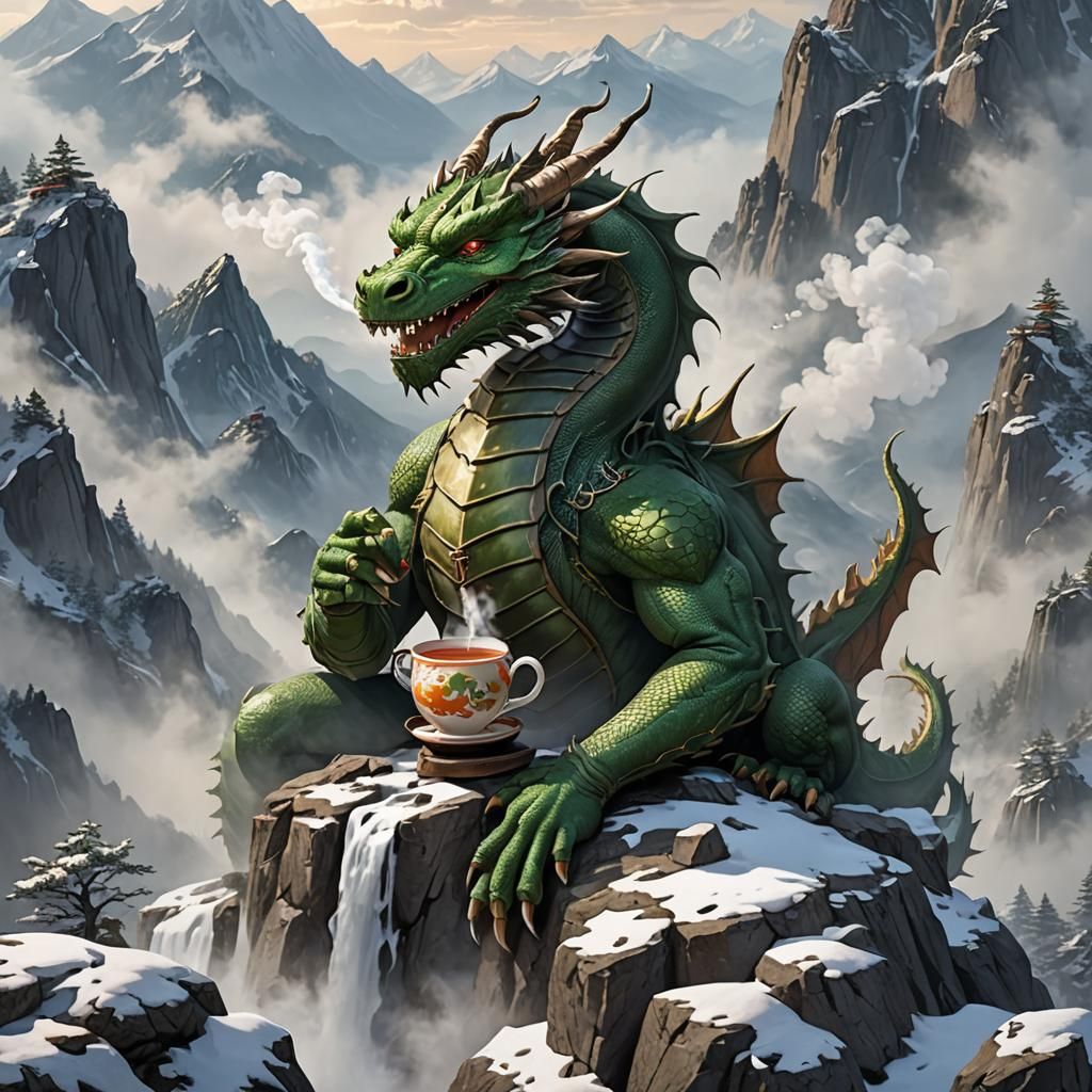 A dragon relaxing on the top of a mountain drinking snow dragon tea. The smoke from the dragon's nose blends with the steam from the tea.