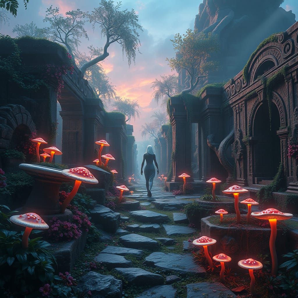 Ethereal Being Amidst Mystical Glowing Ruins