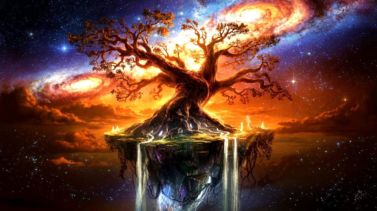 A colossal ancient tree, its branches reaching towards a sky ablaze with a thousand constellations and ...  by @keith