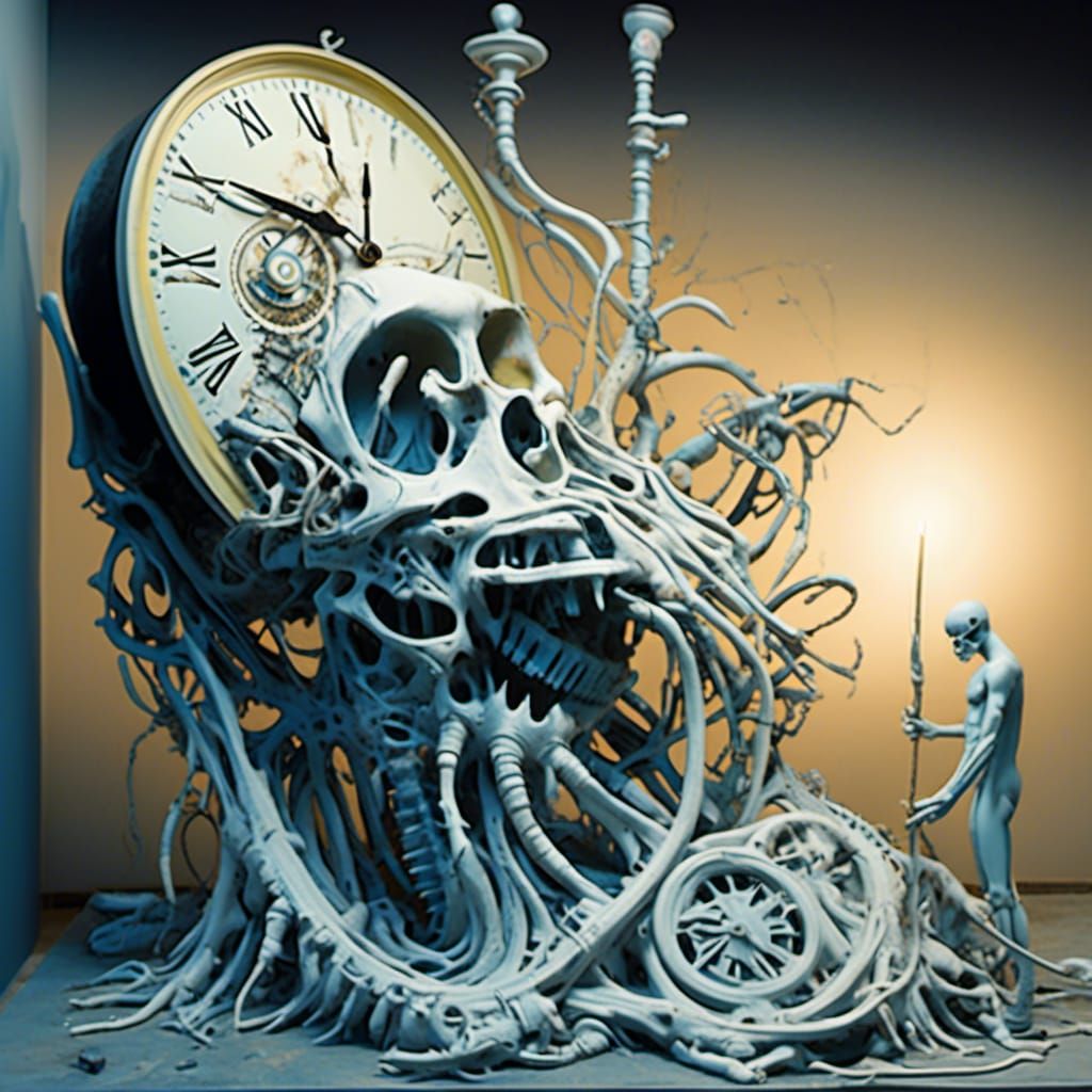<lora:Boneyard:1.0>Stunning surreal image of a large clock face, being washed clean of human sins, the time healer cleansing time, bone stru...