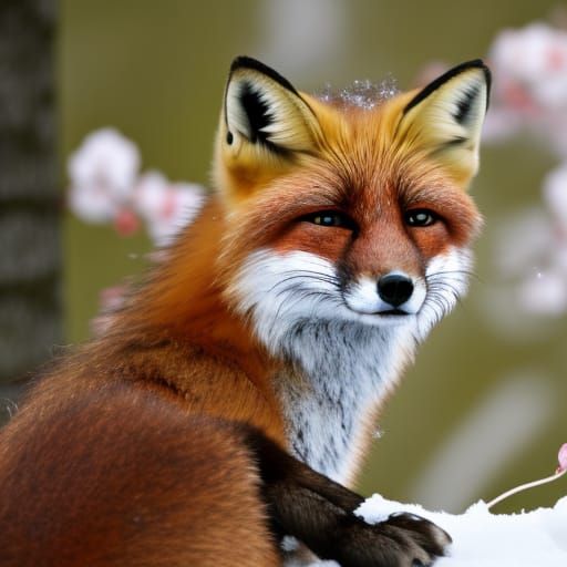 Fox in the snow under a cherry blossom tree;